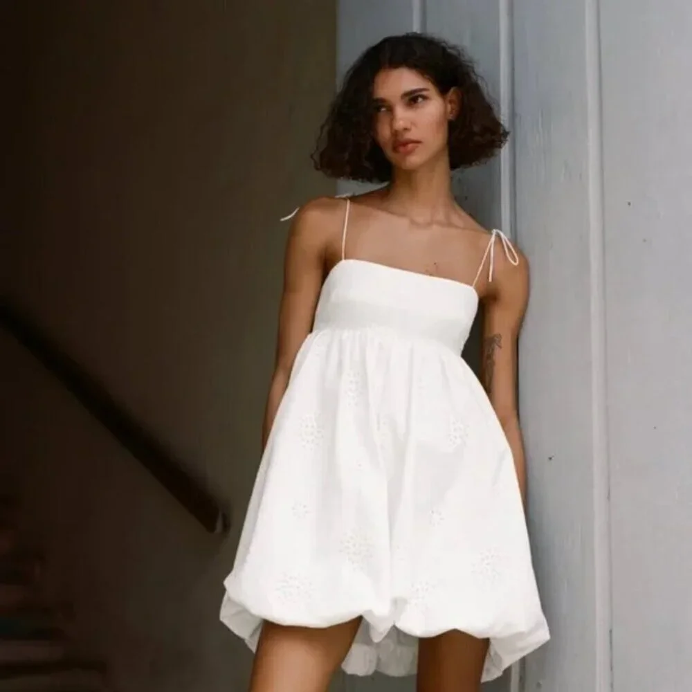 Zara Strapless Bubble Cotton Poplin Mini Dress White Size Medium Blogger Fav - Picture 2 of 11